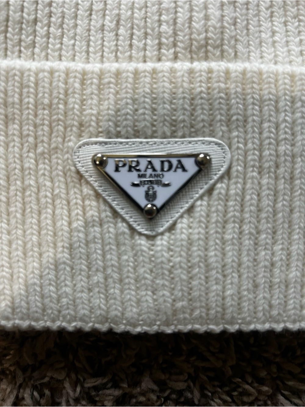 Prada Men’s Cream Ribbed Beanie with Triangle Logo - Picture 3 of 3